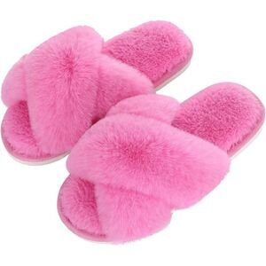 Women's Fuzzy Slippers Cross Band Hot Pink Memory Foam House Slippers Open Toe